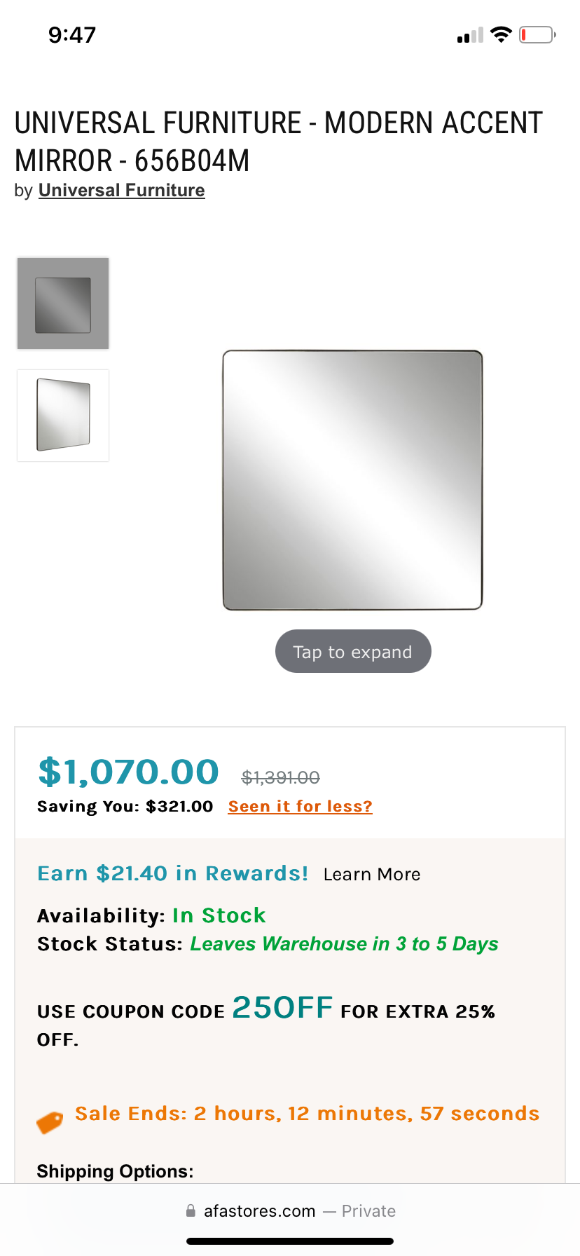 New! UNIVERSAL FURNITURE - MODERN LARGE ACCENT MIRROR