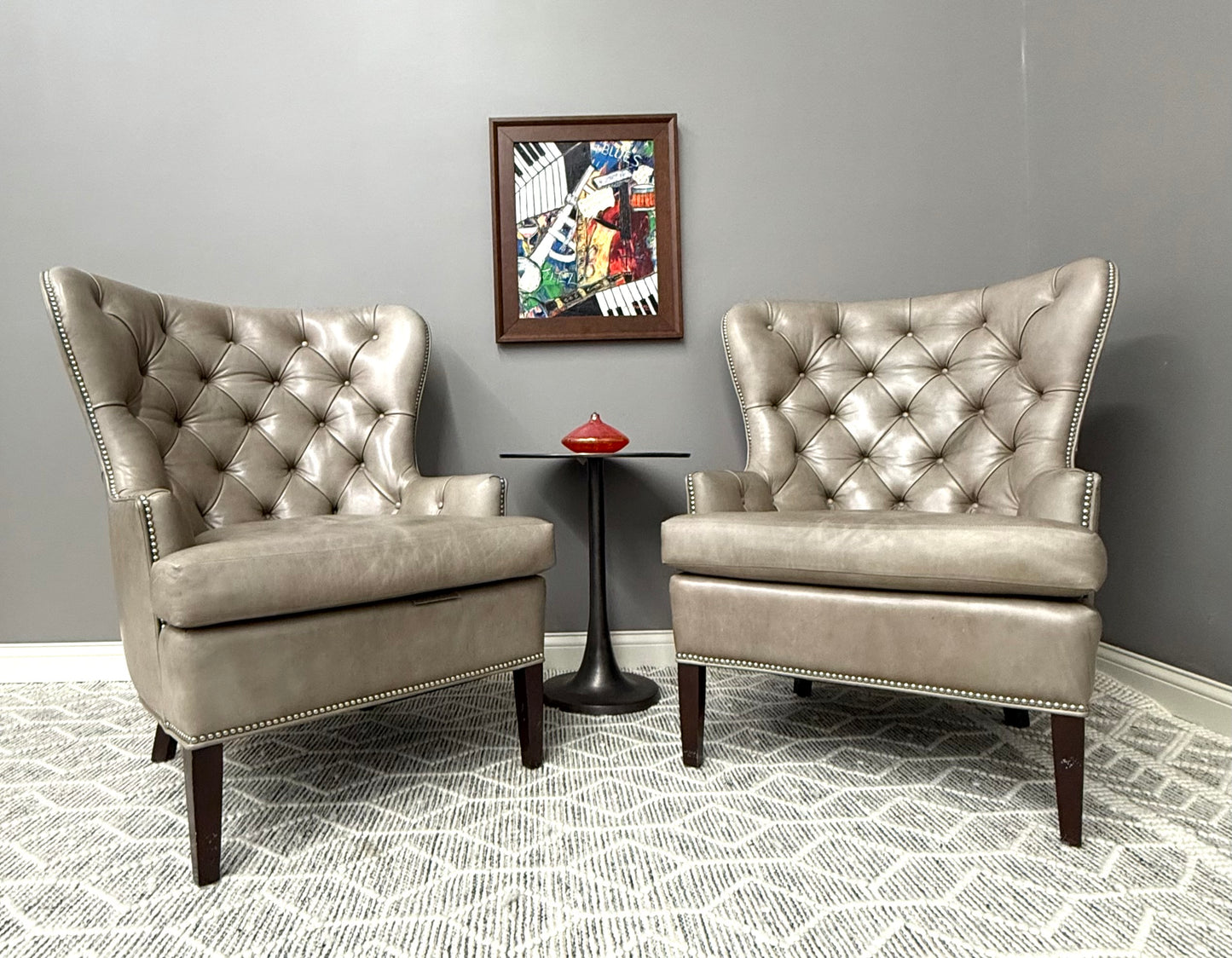 Jessica Charles Chilton Tufted Taupe Leather Chairs