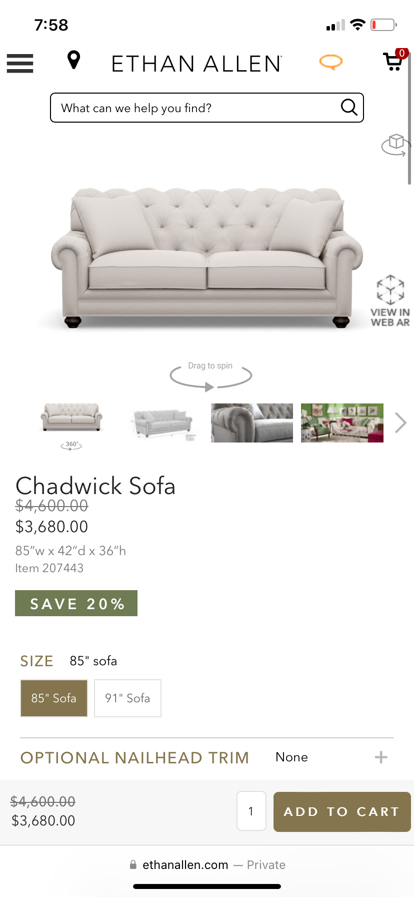 Ethan Allen 85” Custom Chadwick Sofa