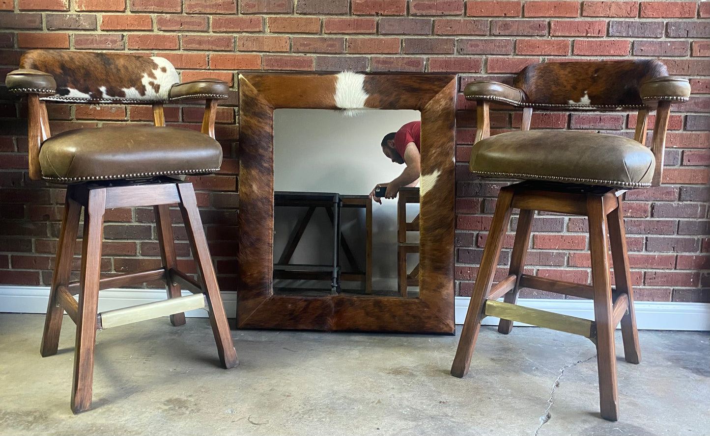 Old Hickory Tannery, Custom Barstool and Mirror Set