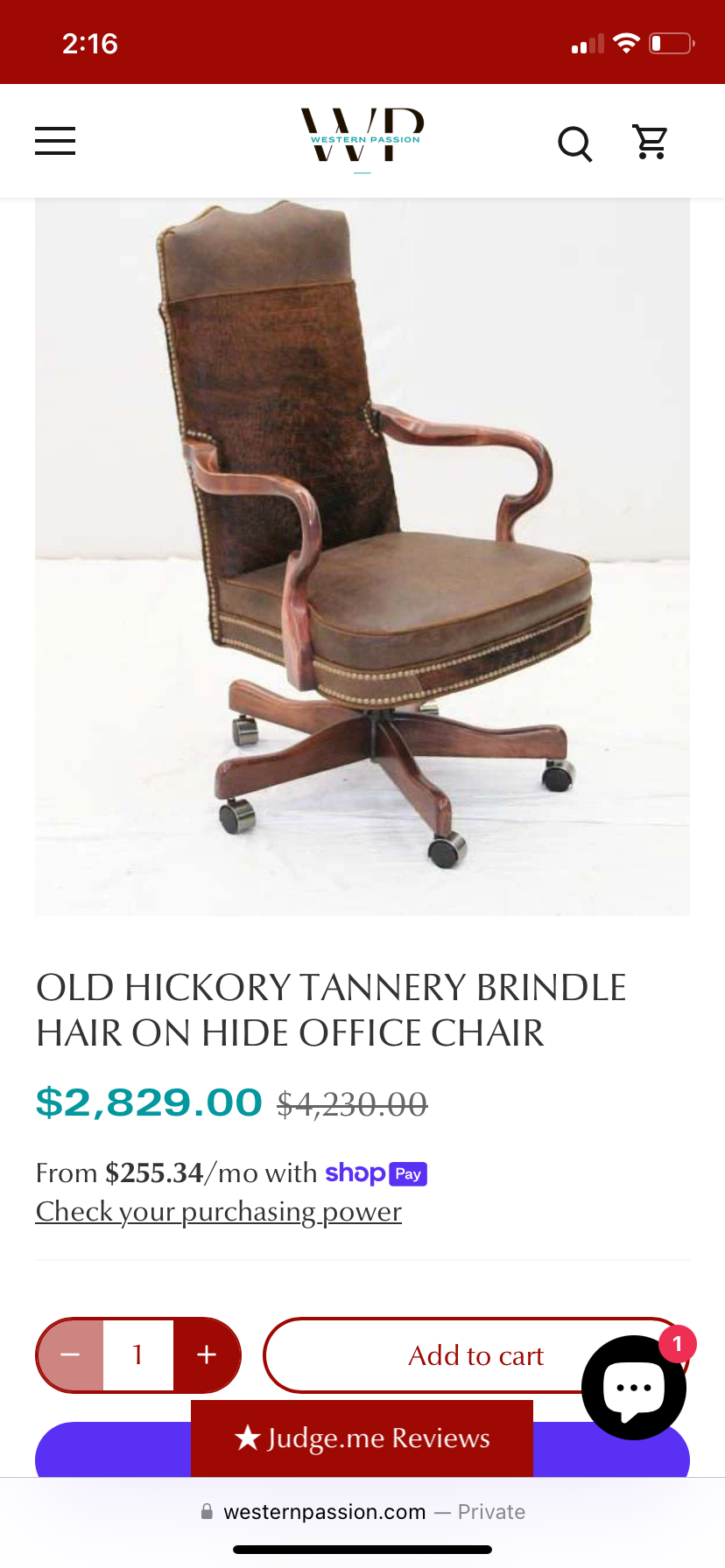 Leather and brindle hair, studded office chair by Old Hickory Furniture Co.