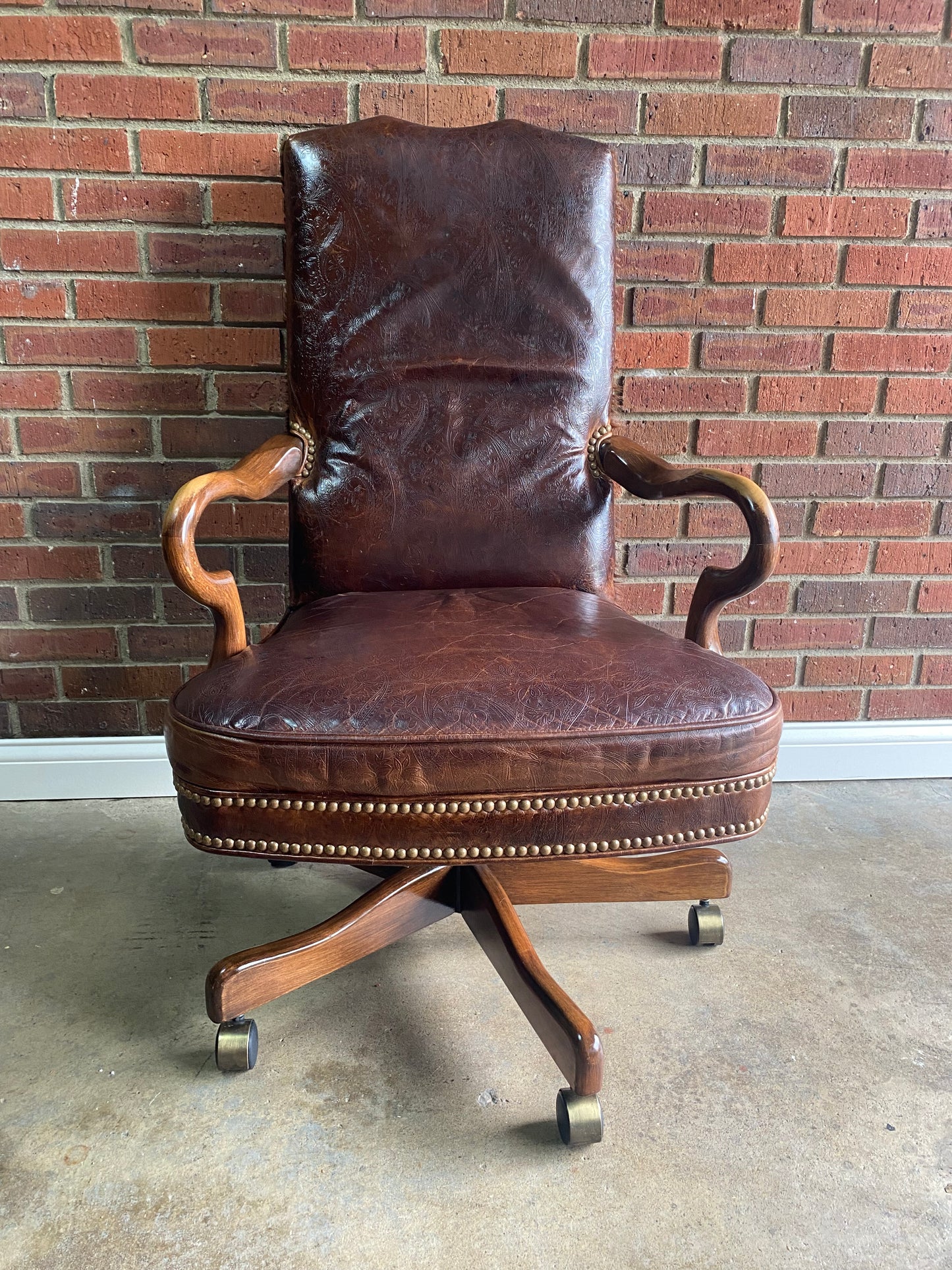 Leather and brindle hair, studded office chair by Old Hickory Furniture Co.