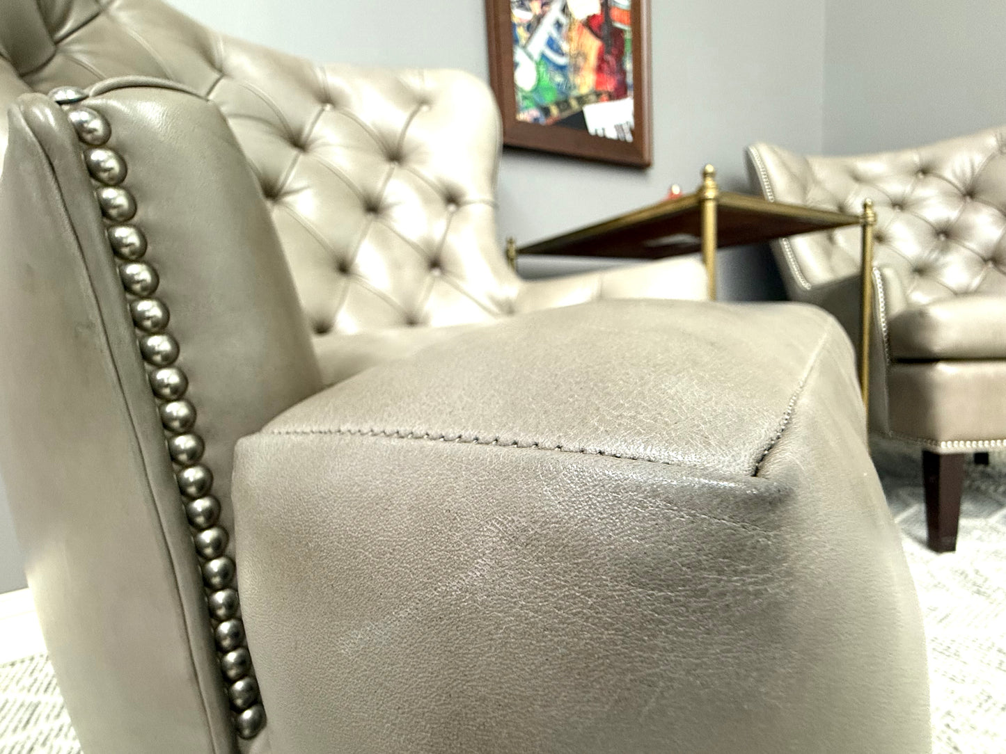 Jessica Charles Chilton Tufted Taupe Leather Chairs